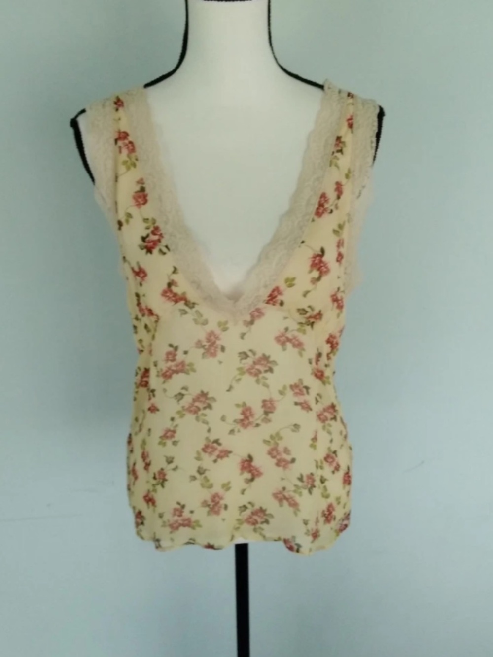 Zara Cream Floral Lace V-Neck Cami with Pink Roses